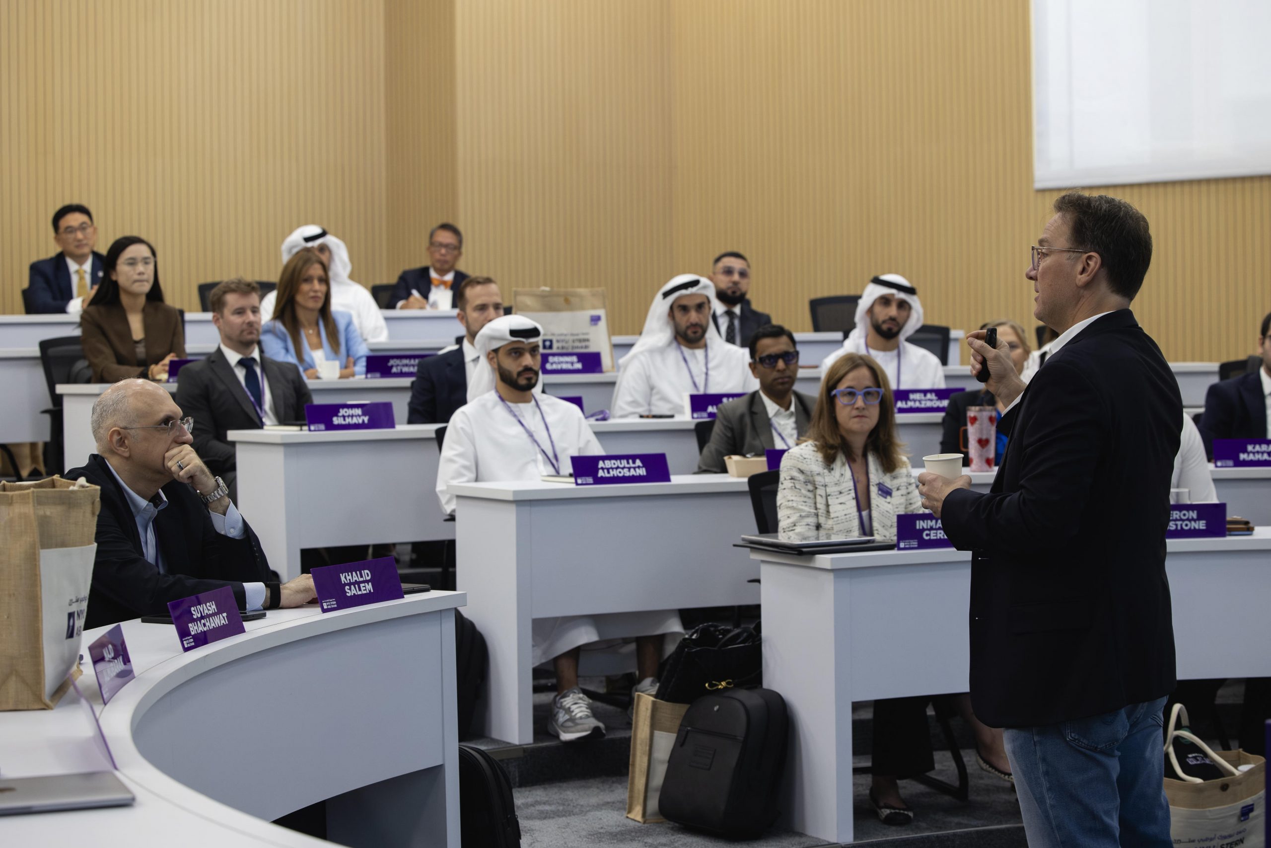 Dean Rob Salomon stands at the front of the class during the EMBA orientation.